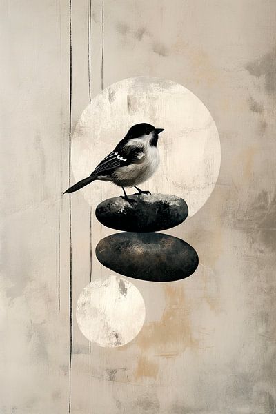 On top of the stone - Japandi bird with sun by Marianne Ottemann - OTTI