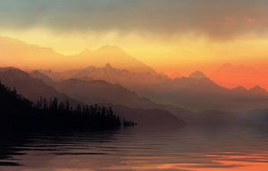 Fantasielandschaft mit Bergen, Wald und Wasser bei Sonnenuntergang