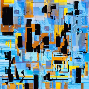 Abstract Collage in blauw geel oker zwart