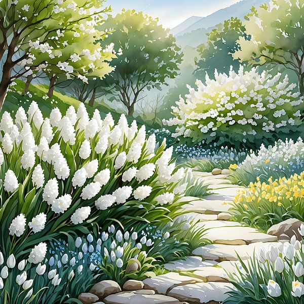 Chemin de jardin ensoleillé : Un rêve de printemps en aquarelle par Artistic