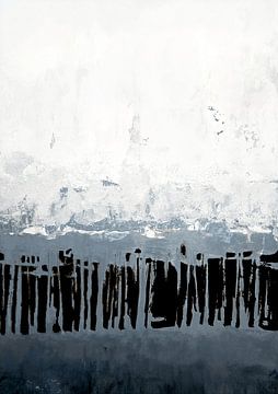 Abstract schilderij in wit, grijs, zwart en blauw