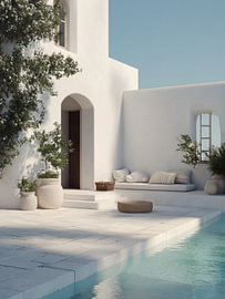Witte villa met turquoise zwembad – Minimalistische mediterrane kunst