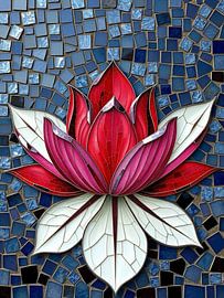 Exquisite Mosaic Art of a Majestic Red and White Lotus Flower on a Shimmering Blue Tile Background by Artistic