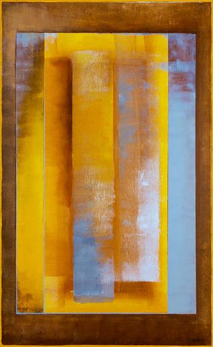 Yellow, blue and white on brown 1