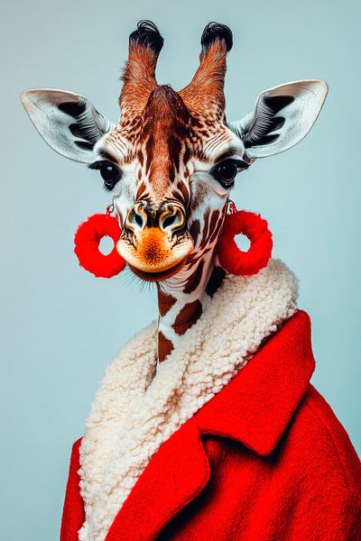 Giraffe in a red coat with earrings by Poster Art Shop