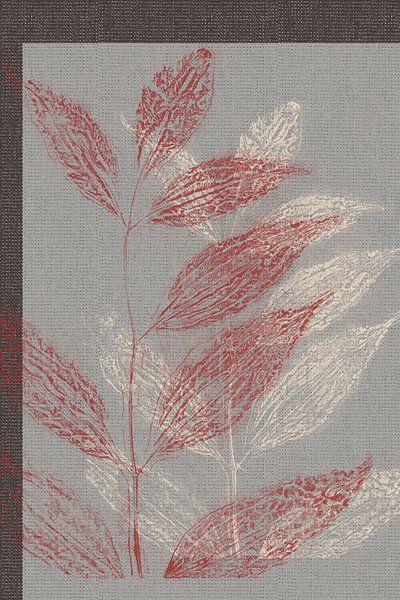 Retro abstract botanical. Leaves in red and white on grey blue. by Dina Dankers