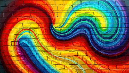 Metselwerk en regenboog in abstracte beroering - het moment waarop kleur zich tegen kleur keert en steen begint te ademen