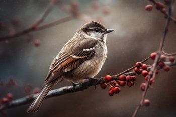 Mus op Tak met Rode Bessen - Rustige Natuurfotografie
