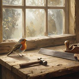 Vintage workbench with a robin - carpenter of yesteryear by Emiel de Lange