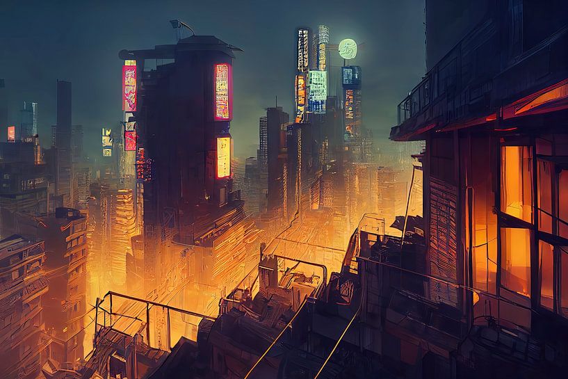 Een mooi nachtelijk uitzicht in Neo-Megacity van Josh Dreams Sci-Fi