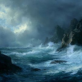 Dramatisch olieverfschilderij van een stormachtig zeegezicht