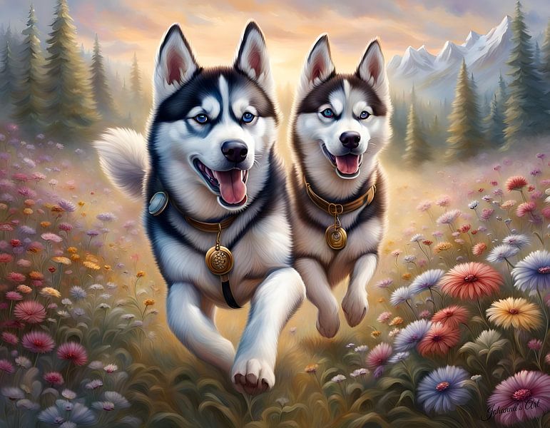 Siberian Husky spielt in einem Blumenfeld 1 von Johannas Art Creations