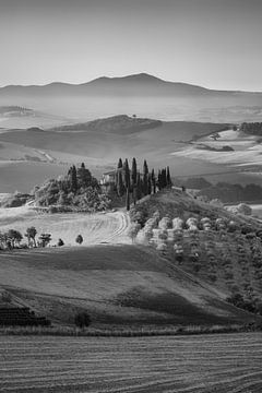 Mooi Toscane met Podere in zwart en wit . van Manfred Voss, Schwarz-weiss Fotografie