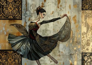 Golden Dance Silhouette van Abstract Schilderij
