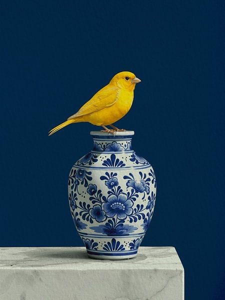 Minimalist Still Life: Canary bird on Delft blue vase by Studio Pieternel