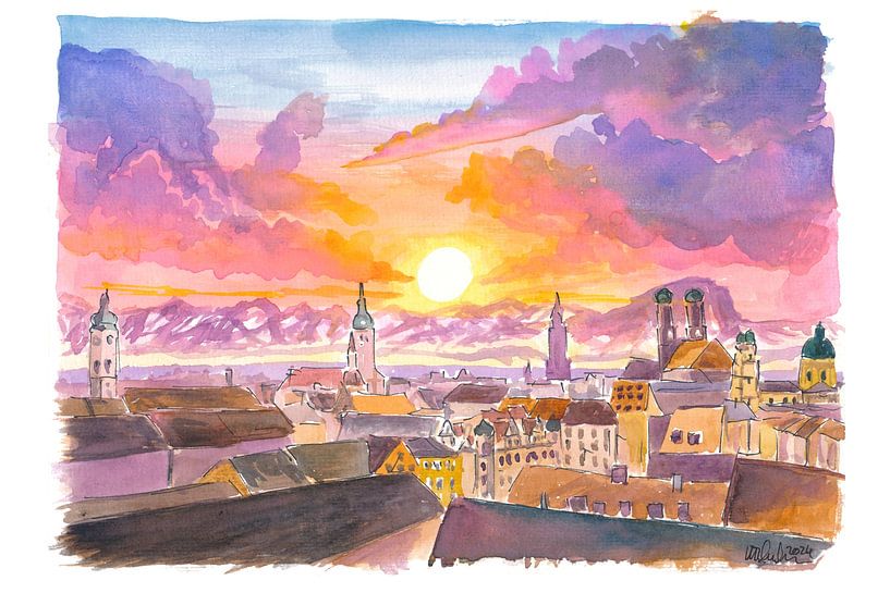 Münchner Skyline und Alpengebirge in fabelhaftem Sonnenlicht von Markus Bleichner