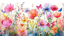 Cheerful field with summer flowers and colourful butterflies by Studio Pieternel