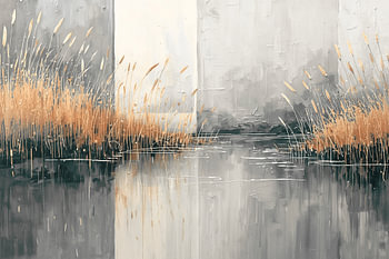 Nordic coastal tranquillity – Minimalist Scandinavian lakeside landscape – Grey, Beige, Gold