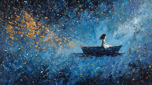 Girl in Floating Boat Under Stars