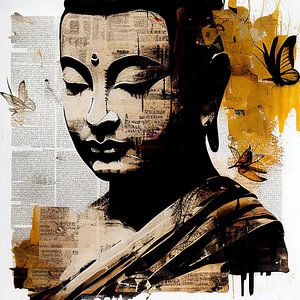 Buddha auf Zeitung mit Schmetterlingen