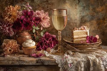 Feestelijk Stilleven - Bloemen en Gebak Elegant Schilderij van Joriali fotografie en schilderijen