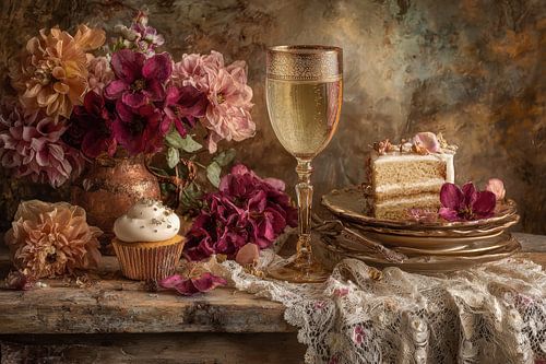 Feestelijk Stilleven - Bloemen en Gebak Elegant Schilderij van Joriali Fine Art