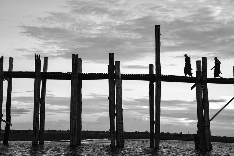 Monks on the U'Bein bridge in Myanmar by Rowan van der Waal