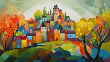 kleurig stadje met kasteel in de herfst naïef van Jan Bechtum