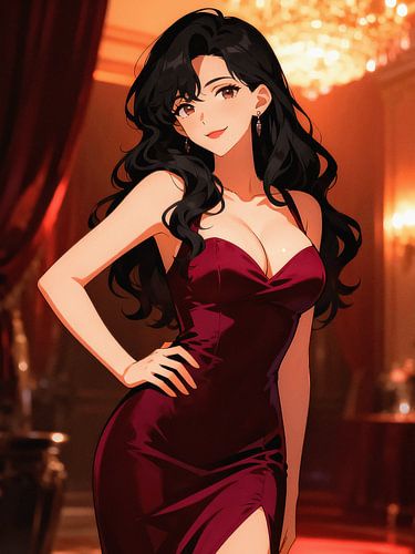 ANIME Elegante balzaaldame - Middernachtbordeauxrode jurk met schitterende kroonluchter