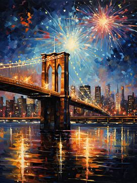Magische lichtjes op de East River: oudejaarsavond op de Brooklyn Bridge van Peter Balan