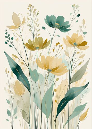 Elegante illustratie van botanische bloemen in pastelkleuren met minimalistische bladeren van hisam colours