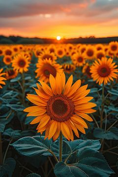 Zonsondergang over een veld vol zonnebloemen van Felix Brönnimann