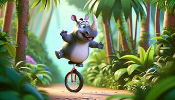 Tricks on the unicycle - A hippopotamus shows talent by artefacti