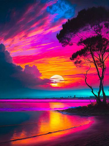 Neon zonsondergang op het strand