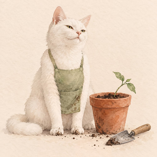 Die weiße Katze bei der Gartenarbeit in einer grünen Schürze