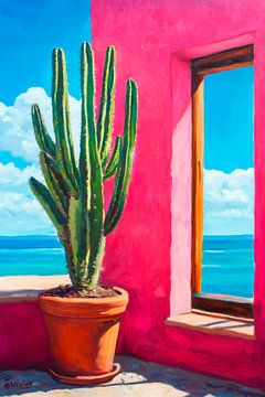 Cactus met uitzicht op zee in het roze huis van Poster Art Shop
