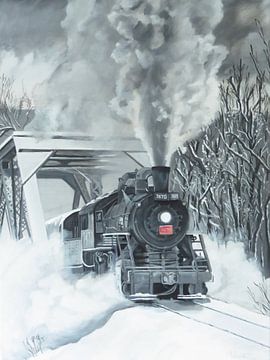 Peinture acrylique train à vapeur dans la neige sur une voie ferrée sur Wouter Wissink