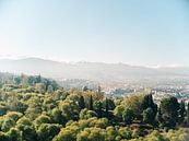 Uitzicht op de besneeuwde bergen van Sierra Nevada vanaf het Alhambra in Granada, Spanje. van Raisa Zwart thumbnail