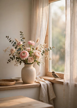 Zartrosa Blumenstrauß am Fenster mit einem kleinen Vogel
