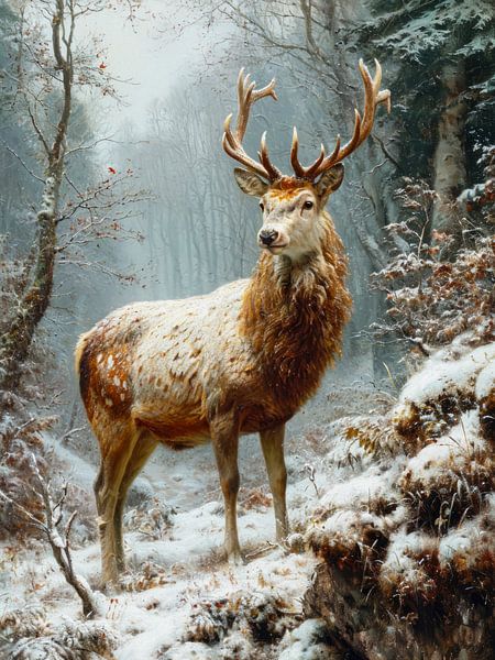 Herten in het winterse bos van Max Steinwald
