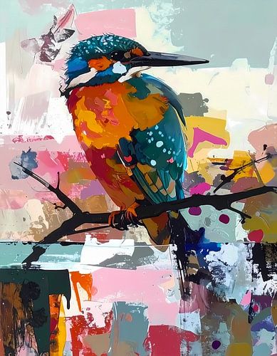 Ijsvogel - Modern expressief - penseelstreken en abstracte kleurige vlakken
