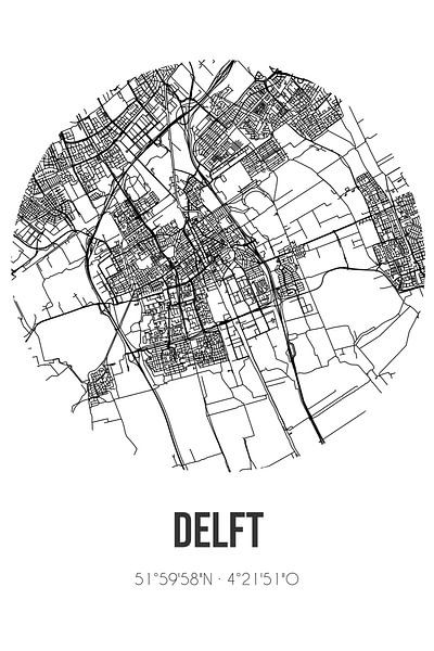 Delft (Zuid-Holland) | Landkaart | Zwart-wit van Stad & Wand