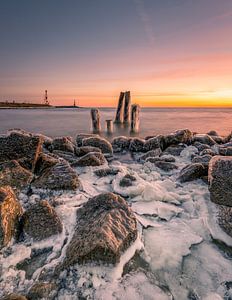 Matinée hivernale glaciale sur l'IJsselmeer avec des poteaux gelés