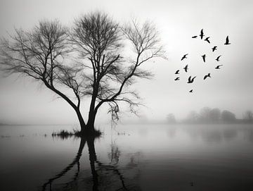 Zwart wit boom vogels van Ellen Reografie