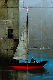 Peinture surréaliste d'un bateau près d'un bâtiment sur Art & Soul Creations