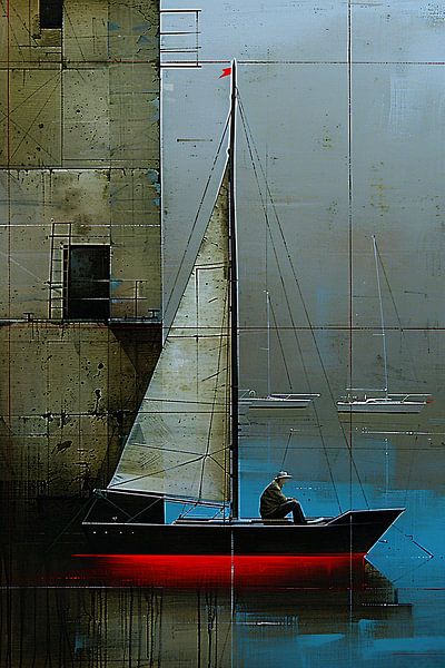 Surrealistisch schilderij van boot bij gebouw van Art & Soul Creations