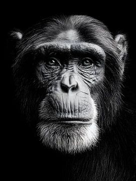 Schimpanse – Nachdenklicher Blick und stille Präsenz in Schwarzweiß