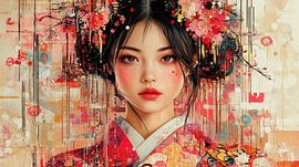 Japanese Woman in Red Kimono