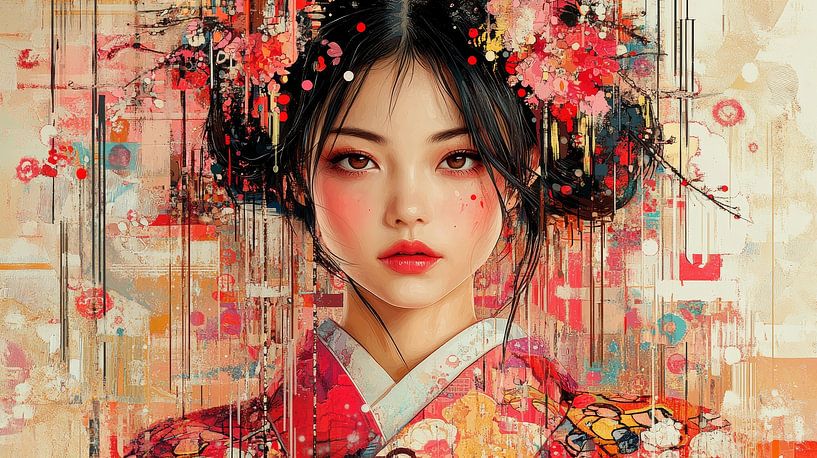 Japanse vrouw in rode kimono van Lufy