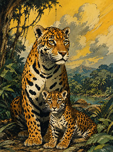 Wild Jaguar & Cub Jungle Art